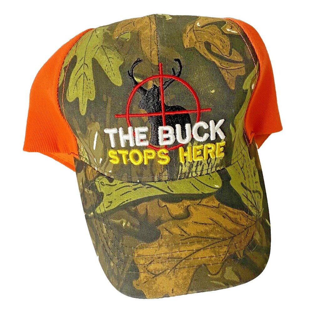 The Buck Stops Here Camouflage And Orange Adjustable Ball Cap Hunter Hat